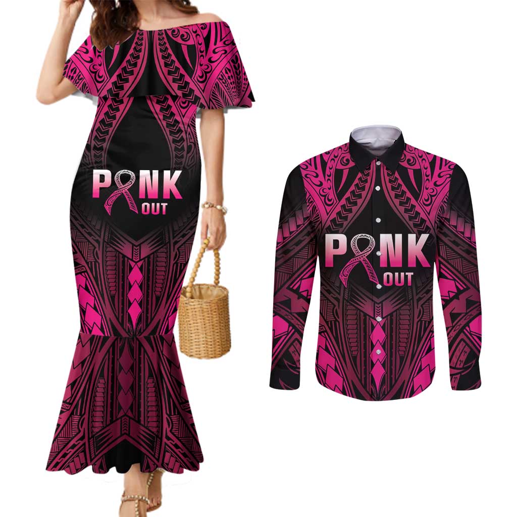 Breast Cancer Pink Out Couples Matching Mermaid Dress and Long Sleeve Button Shirt Polynesian Art Tattoo Black Version LT05 Black - Polynesian Pride