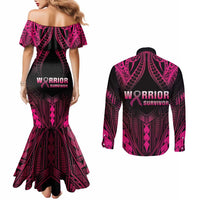 Breast Cancer Pink Out Couples Matching Mermaid Dress and Long Sleeve Button Shirt Polynesian Art Tattoo Black Version LT05 - Polynesian Pride