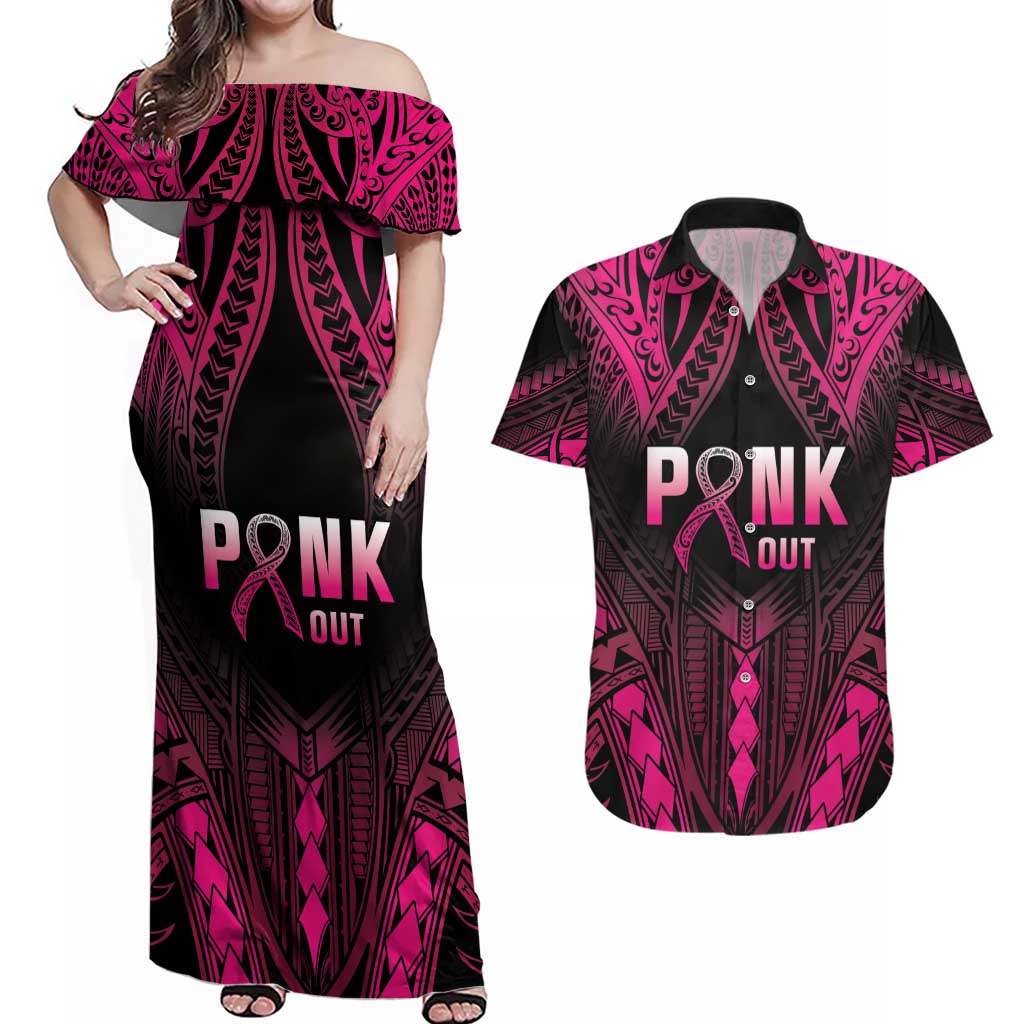 Breast Cancer Pink Out Couples Matching Off Shoulder Maxi Dress and Hawaiian Shirt Polynesian Art Tattoo Black Version LT05 Black - Polynesian Pride