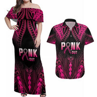 Breast Cancer Pink Out Couples Matching Off Shoulder Maxi Dress and Hawaiian Shirt Polynesian Art Tattoo Black Version LT05 Black - Polynesian Pride