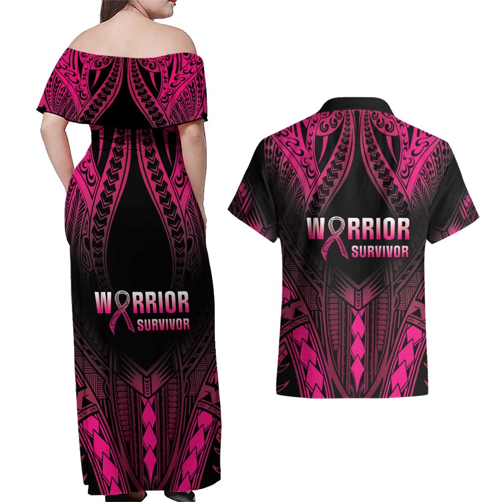 Breast Cancer Pink Out Couples Matching Off Shoulder Maxi Dress and Hawaiian Shirt Polynesian Art Tattoo Black Version LT05 - Polynesian Pride