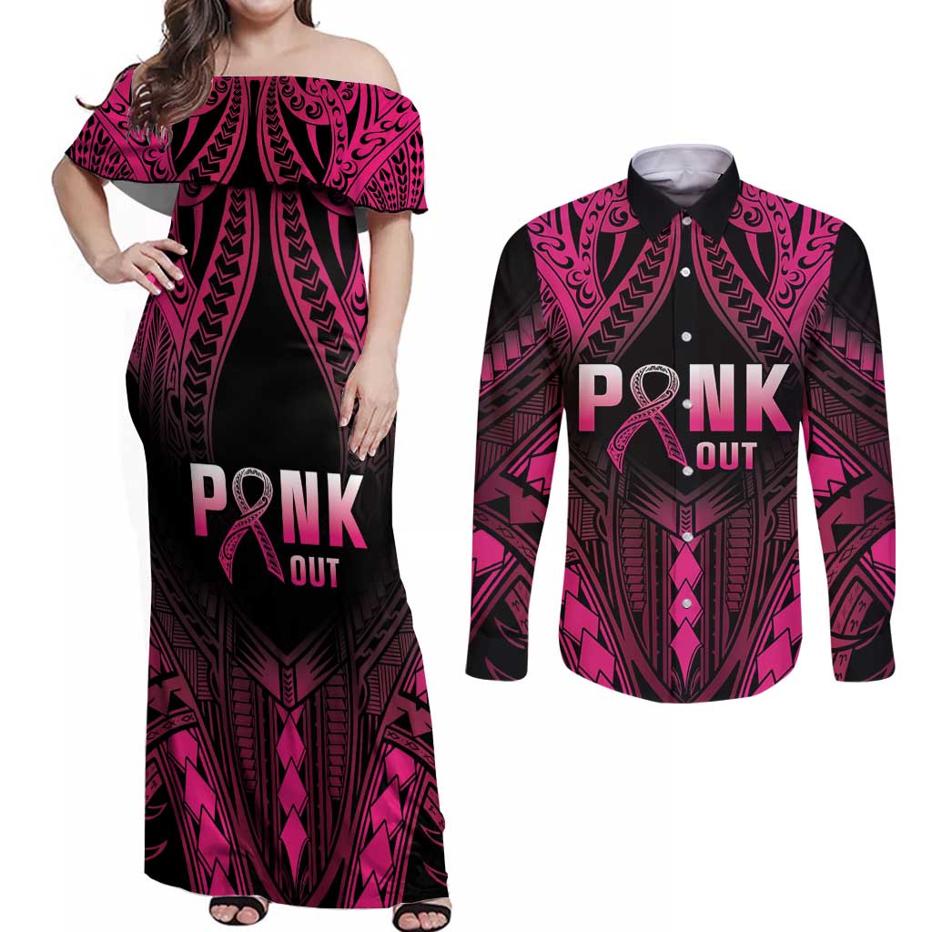 Breast Cancer Pink Out Couples Matching Off Shoulder Maxi Dress and Long Sleeve Button Shirt Polynesian Art Tattoo Black Version LT05 Black - Polynesian Pride