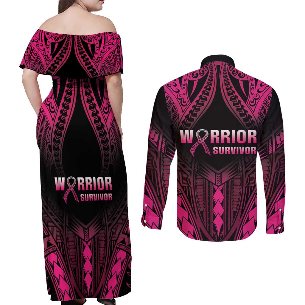 Breast Cancer Pink Out Couples Matching Off Shoulder Maxi Dress and Long Sleeve Button Shirt Polynesian Art Tattoo Black Version LT05 - Polynesian Pride