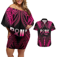 Breast Cancer Pink Out Couples Matching Off Shoulder Short Dress and Hawaiian Shirt Polynesian Art Tattoo Black Version LT05 Black - Polynesian Pride