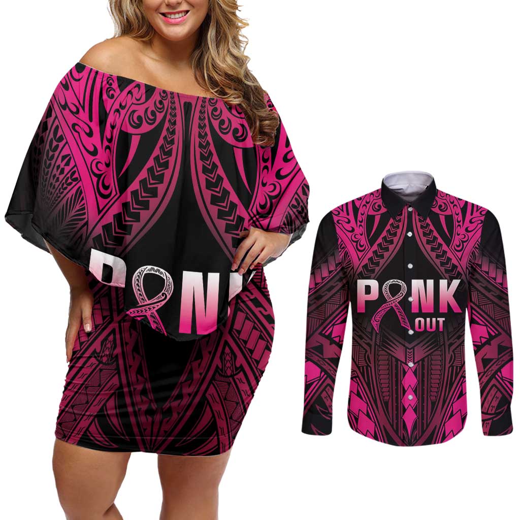 Breast Cancer Pink Out Couples Matching Off Shoulder Short Dress and Long Sleeve Button Shirt Polynesian Art Tattoo Black Version LT05 Black - Polynesian Pride