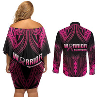 Breast Cancer Pink Out Couples Matching Off Shoulder Short Dress and Long Sleeve Button Shirt Polynesian Art Tattoo Black Version LT05 - Polynesian Pride