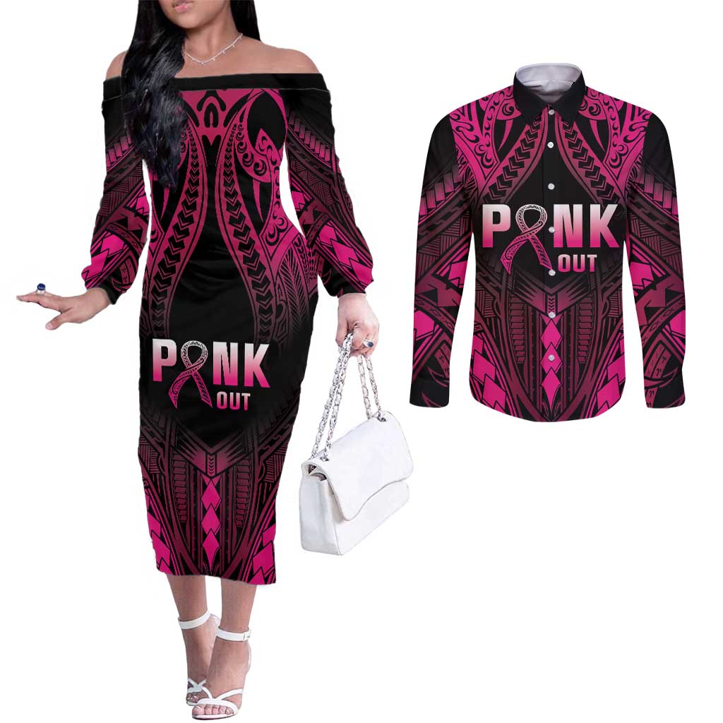 Breast Cancer Pink Out Couples Matching Off The Shoulder Long Sleeve Dress and Long Sleeve Button Shirt Polynesian Art Tattoo Black Version LT05 Black - Polynesian Pride