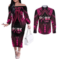 Breast Cancer Pink Out Couples Matching Off The Shoulder Long Sleeve Dress and Long Sleeve Button Shirt Polynesian Art Tattoo Black Version LT05 Black - Polynesian Pride
