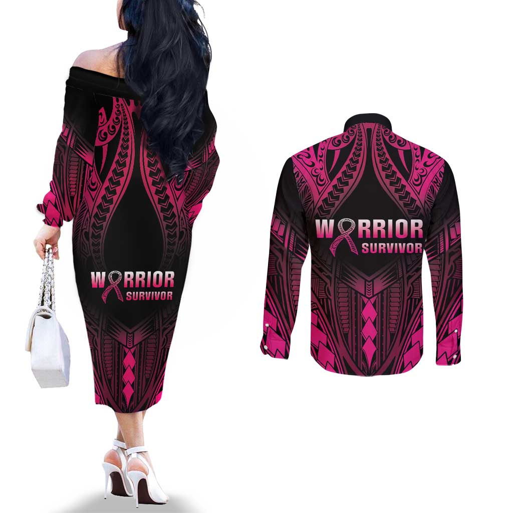 Breast Cancer Pink Out Couples Matching Off The Shoulder Long Sleeve Dress and Long Sleeve Button Shirt Polynesian Art Tattoo Black Version LT05 - Polynesian Pride