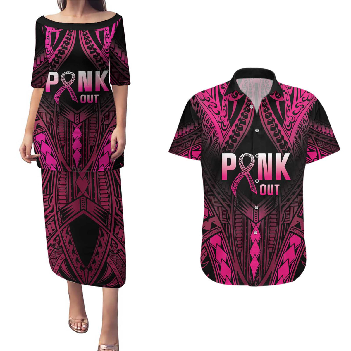 Breast Cancer Pink Out Couples Matching Puletasi and Hawaiian Shirt Polynesian Art Tattoo Black Version LT05 Black - Polynesian Pride