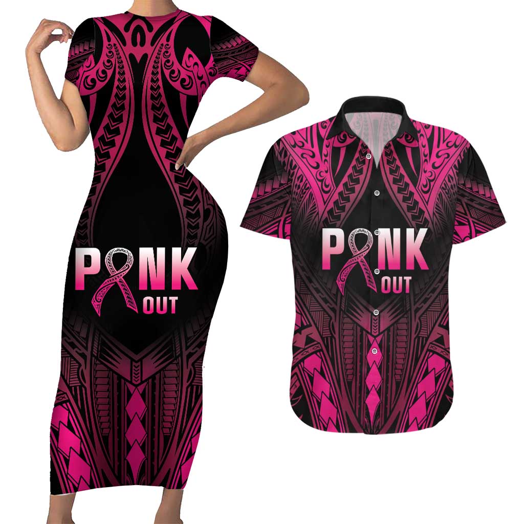 Breast Cancer Pink Out Couples Matching Short Sleeve Bodycon Dress and Hawaiian Shirt Polynesian Art Tattoo Black Version LT05 Black - Polynesian Pride