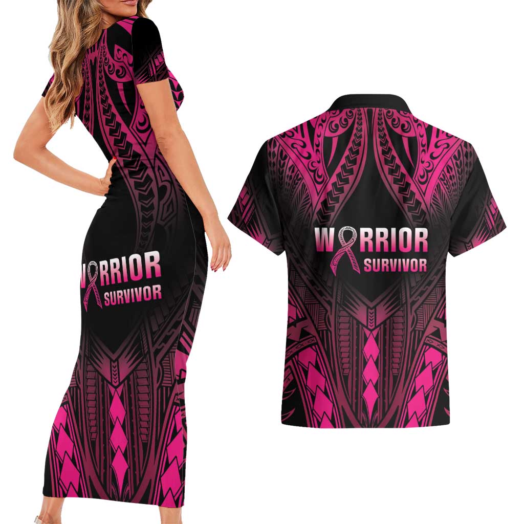 Breast Cancer Pink Out Couples Matching Short Sleeve Bodycon Dress and Hawaiian Shirt Polynesian Art Tattoo Black Version LT05 - Polynesian Pride