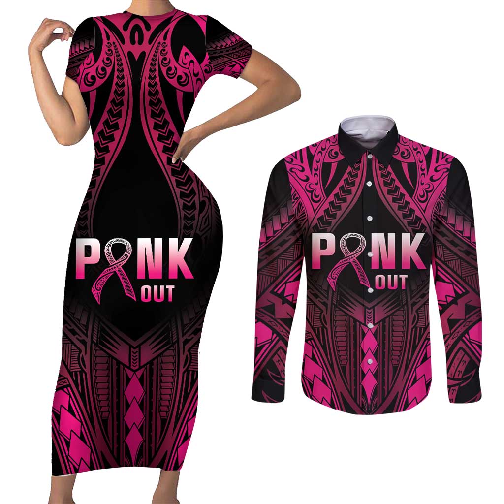 Breast Cancer Pink Out Couples Matching Short Sleeve Bodycon Dress and Long Sleeve Button Shirt Polynesian Art Tattoo Black Version LT05 Black - Polynesian Pride