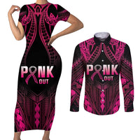 Breast Cancer Pink Out Couples Matching Short Sleeve Bodycon Dress and Long Sleeve Button Shirt Polynesian Art Tattoo Black Version LT05 Black - Polynesian Pride