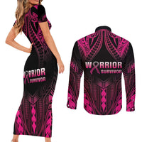 Breast Cancer Pink Out Couples Matching Short Sleeve Bodycon Dress and Long Sleeve Button Shirt Polynesian Art Tattoo Black Version LT05 - Polynesian Pride