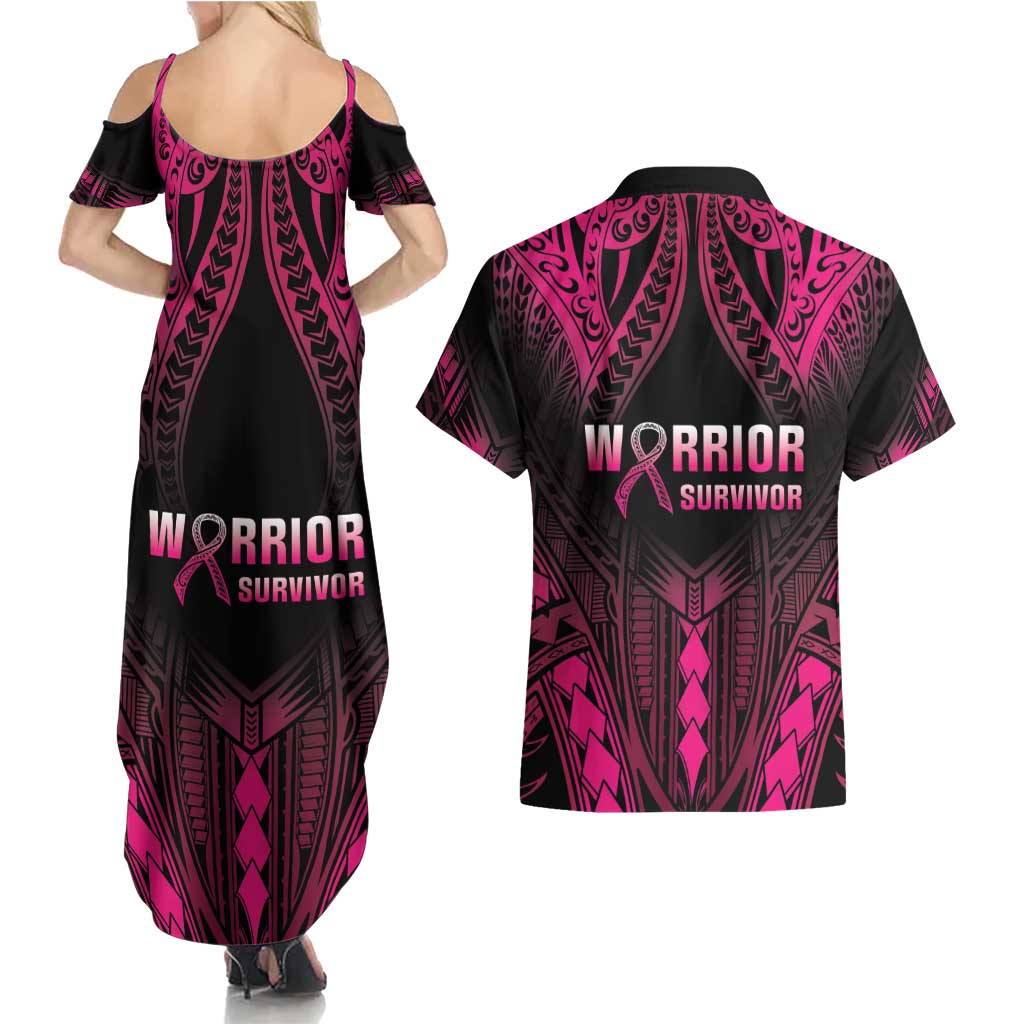 Breast Cancer Pink Out Couples Matching Summer Maxi Dress and Hawaiian Shirt Polynesian Art Tattoo Black Version LT05 - Polynesian Pride