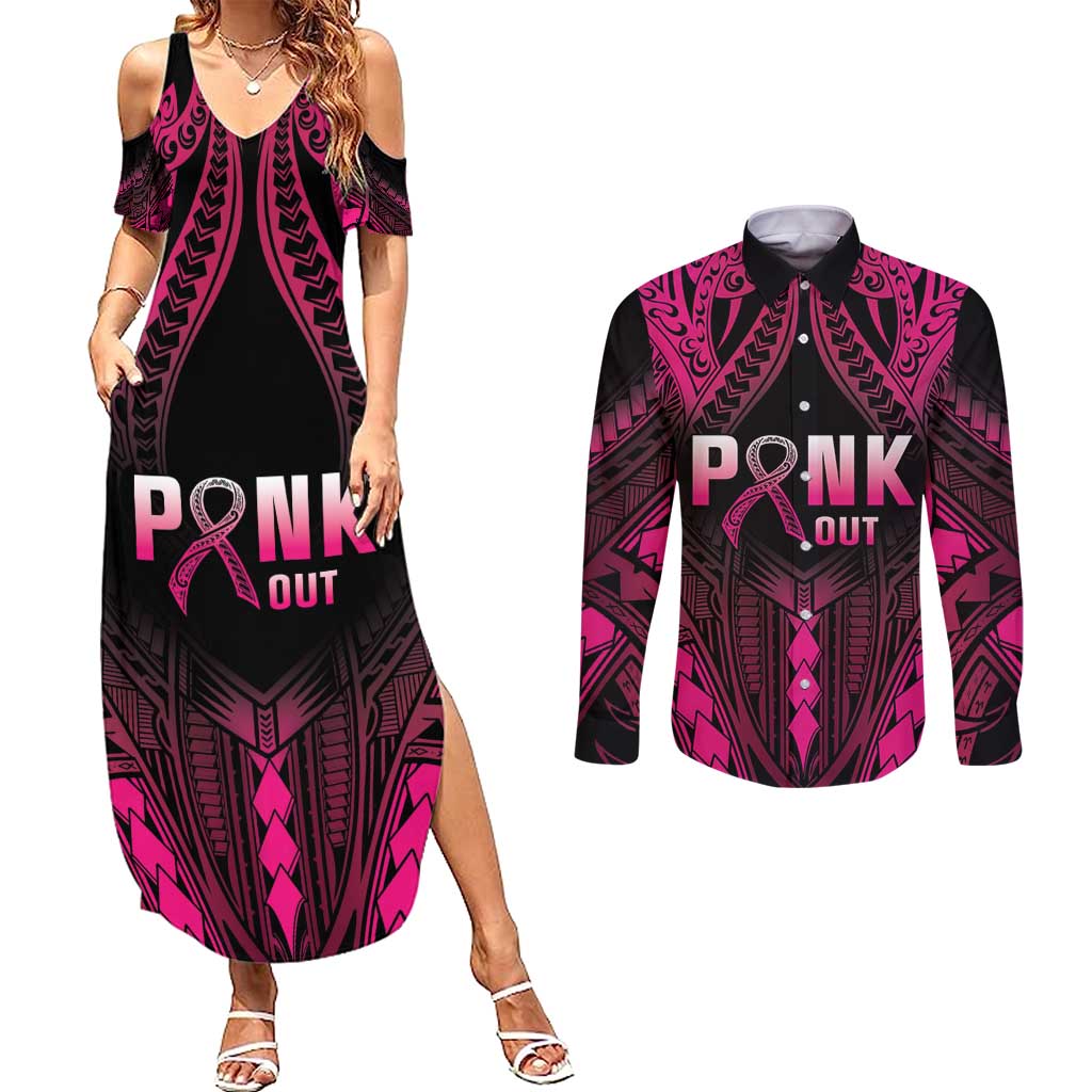 Breast Cancer Pink Out Couples Matching Summer Maxi Dress and Long Sleeve Button Shirt Polynesian Art Tattoo Black Version LT05 Black - Polynesian Pride