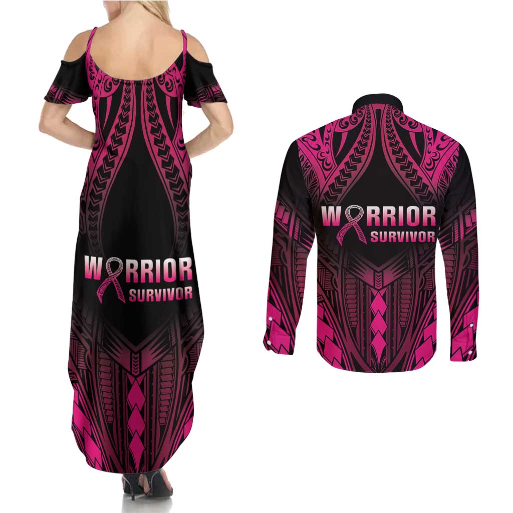 Breast Cancer Pink Out Couples Matching Summer Maxi Dress and Long Sleeve Button Shirt Polynesian Art Tattoo Black Version LT05 - Polynesian Pride