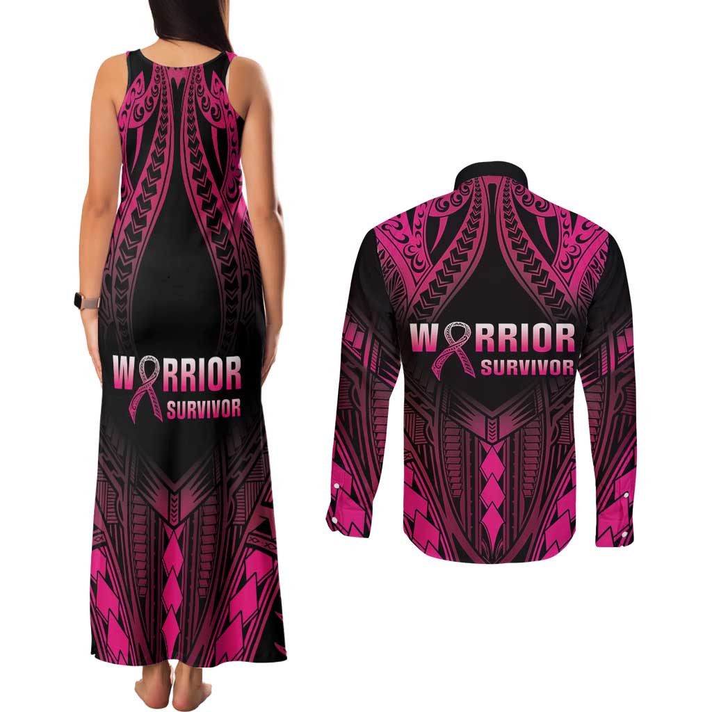 Breast Cancer Pink Out Couples Matching Tank Maxi Dress and Long Sleeve Button Shirt Polynesian Art Tattoo Black Version LT05 - Polynesian Pride
