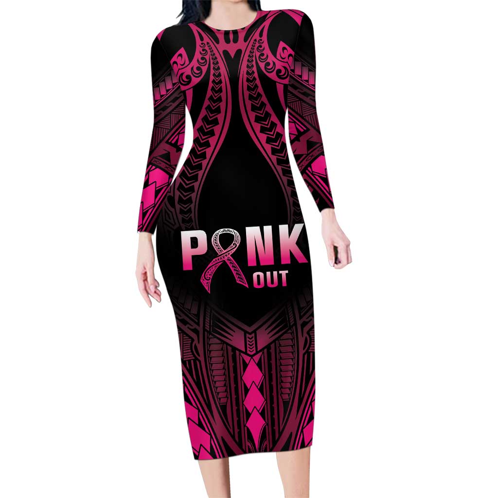 Breast Cancer Pink Out Family Matching Long Sleeve Bodycon Dress and Hawaiian Shirt Polynesian Art Tattoo Black Version LT05 Mom's Dress Black - Polynesian Pride