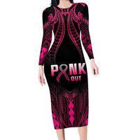 Breast Cancer Pink Out Family Matching Long Sleeve Bodycon Dress and Hawaiian Shirt Polynesian Art Tattoo Black Version LT05 Mom's Dress Black - Polynesian Pride