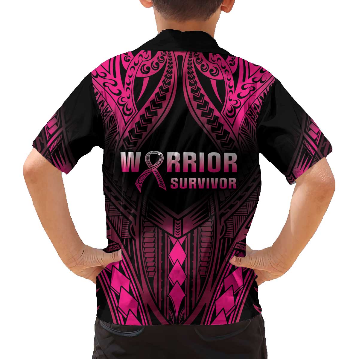Breast Cancer Pink Out Family Matching Off The Shoulder Long Sleeve Dress and Hawaiian Shirt Polynesian Art Tattoo Black Version LT05 - Polynesian Pride