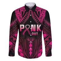 Breast Cancer Pink Out Family Matching Off The Shoulder Long Sleeve Dress and Hawaiian Shirt Polynesian Art Tattoo Black Version LT05 Dad's Shirt - Long Sleeve Black - Polynesian Pride
