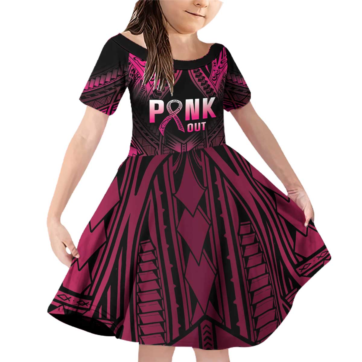 Breast Cancer Pink Out Family Matching Off Shoulder Short Dress and Hawaiian Shirt Polynesian Art Tattoo Black Version LT05 Daughter's Dress Black - Polynesian Pride