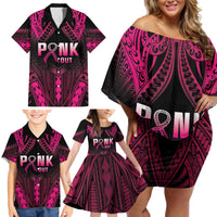 Breast Cancer Pink Out Family Matching Off Shoulder Short Dress and Hawaiian Shirt Polynesian Art Tattoo Black Version LT05 - Polynesian Pride
