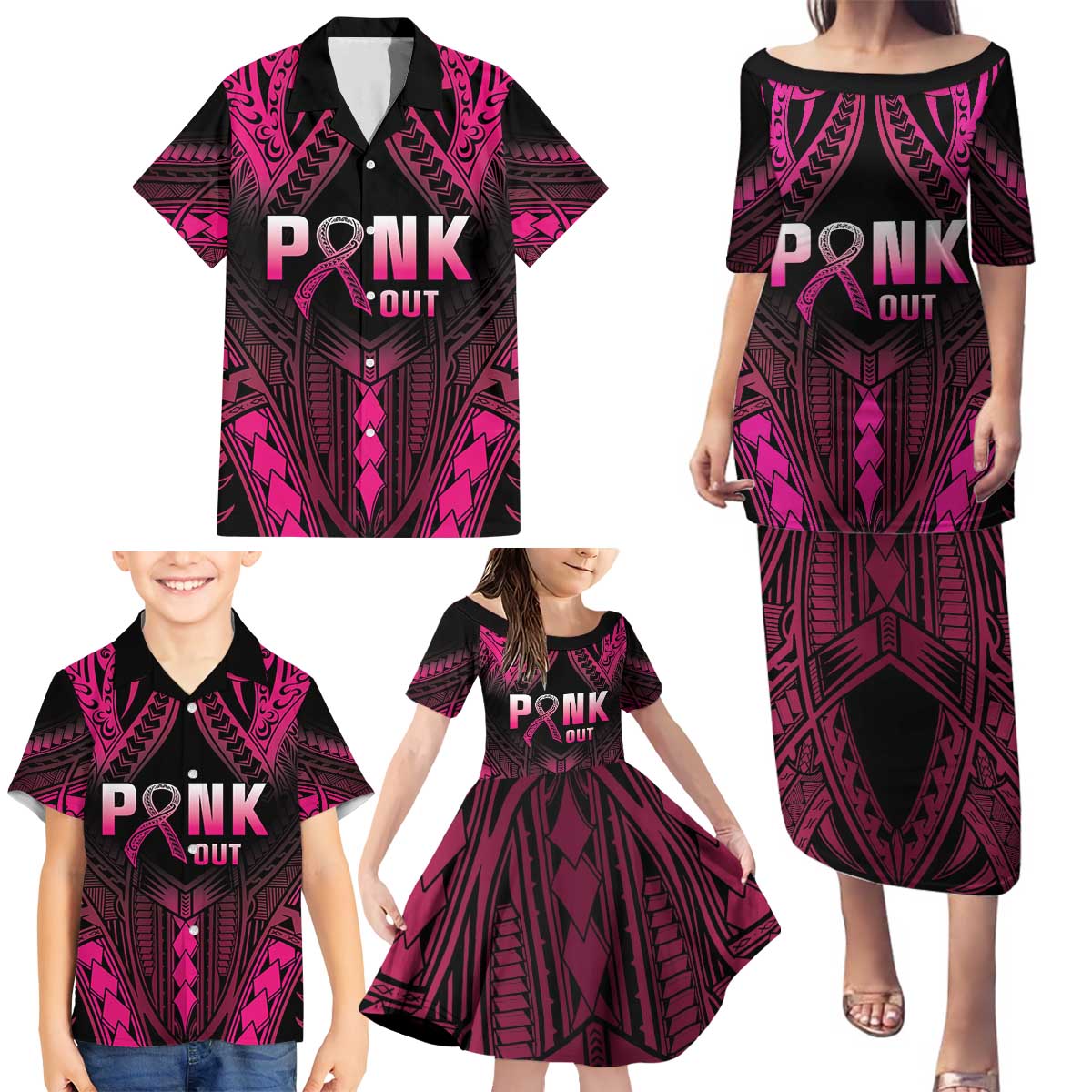 Breast Cancer Pink Out Family Matching Puletasi and Hawaiian Shirt Polynesian Art Tattoo Black Version LT05 - Polynesian Pride