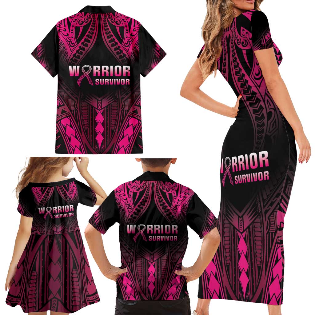 Breast Cancer Pink Out Family Matching Short Sleeve Bodycon Dress and Hawaiian Shirt Polynesian Art Tattoo Black Version LT05 - Polynesian Pride