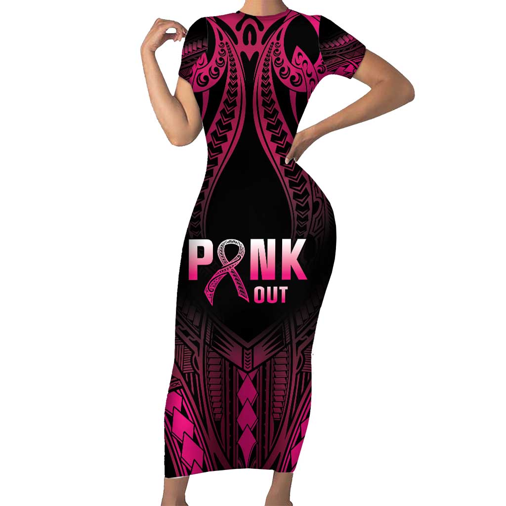 Breast Cancer Pink Out Family Matching Short Sleeve Bodycon Dress and Hawaiian Shirt Polynesian Art Tattoo Black Version LT05 Mom's Dress Black - Polynesian Pride