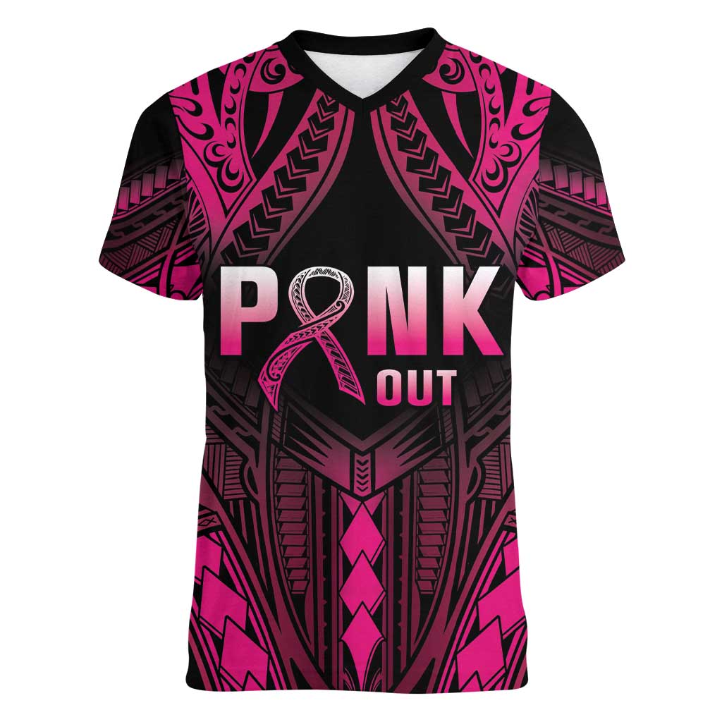 Breast Cancer Pink Out Women V-Neck T-Shirt Polynesian Art Tattoo Black Version LT05 Female Black - Polynesian Pride