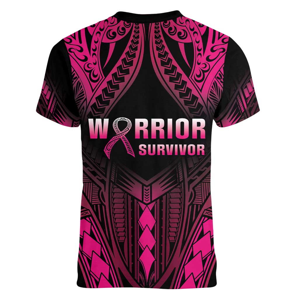 Breast Cancer Pink Out Women V-Neck T-Shirt Polynesian Art Tattoo Black Version LT05 - Polynesian Pride