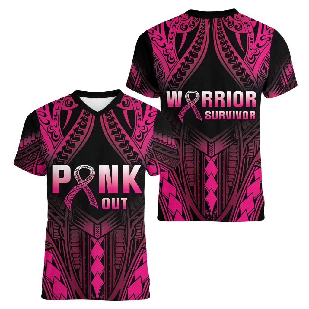 Breast Cancer Pink Out Women V-Neck T-Shirt Polynesian Art Tattoo Black Version LT05 - Polynesian Pride