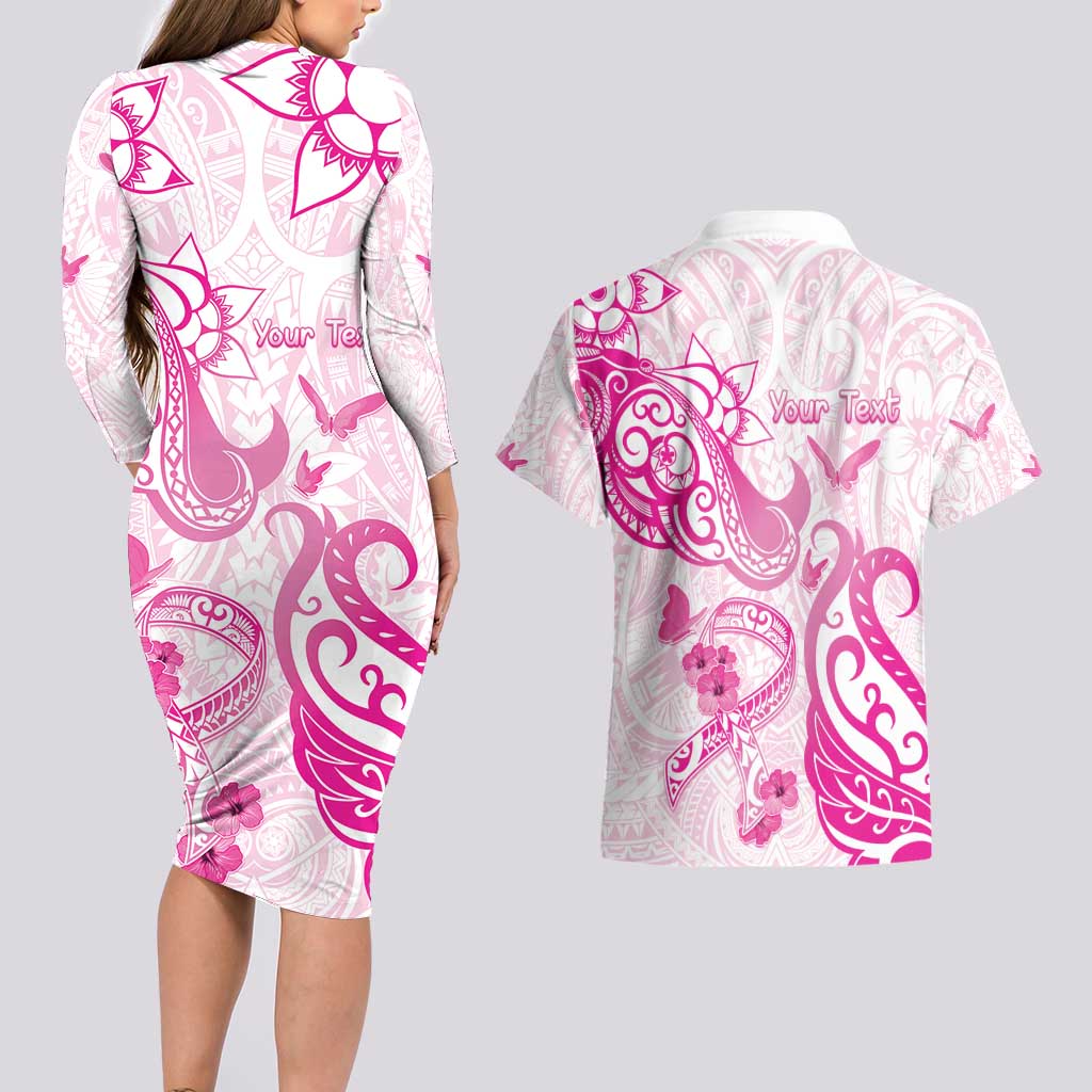 Personalised Breast Cancer Awareness Couples Matching Long Sleeve Bodycon Dress and Hawaiian Shirt Ribbon Polynesian Pattern White Version LT05 - Polynesian Pride