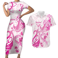 Personalised Breast Cancer Awareness Couples Matching Short Sleeve Bodycon Dress and Hawaiian Shirt Ribbon Polynesian Pattern White Version LT05 White - Polynesian Pride