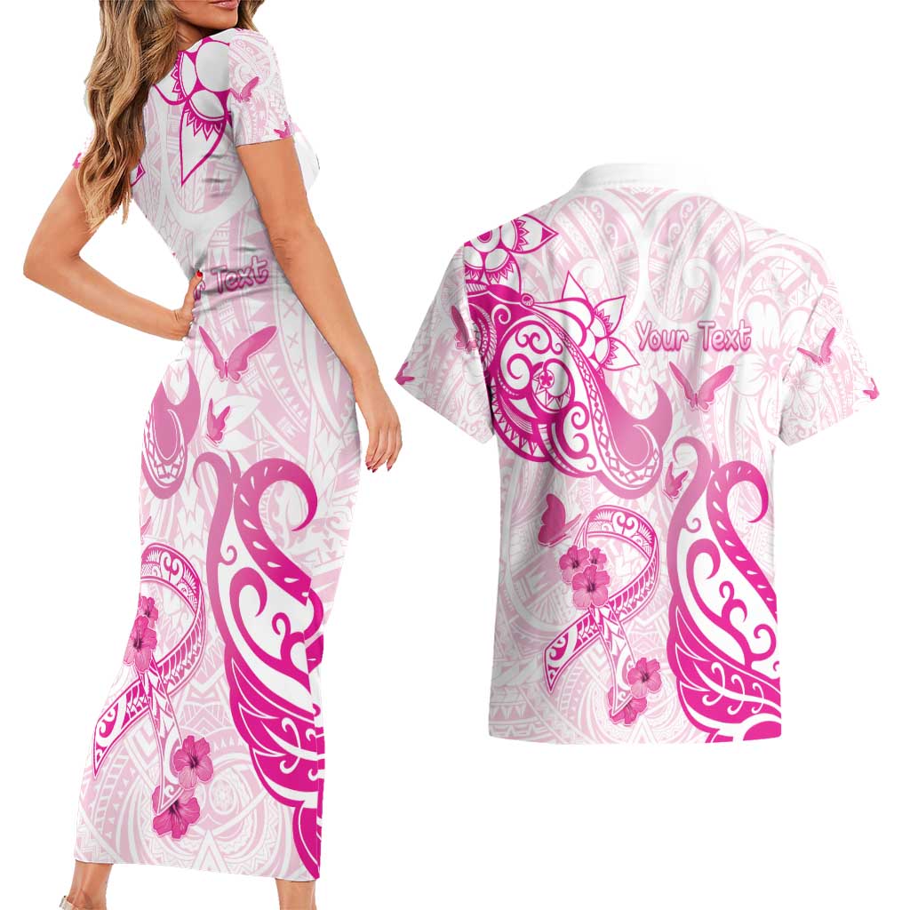 Personalised Breast Cancer Awareness Couples Matching Short Sleeve Bodycon Dress and Hawaiian Shirt Ribbon Polynesian Pattern White Version LT05 - Polynesian Pride