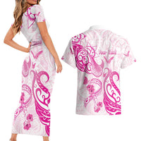 Personalised Breast Cancer Awareness Couples Matching Short Sleeve Bodycon Dress and Hawaiian Shirt Ribbon Polynesian Pattern White Version LT05 - Polynesian Pride