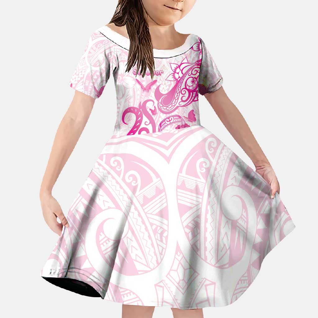 Personalised Breast Cancer Awareness Family Matching Long Sleeve Bodycon Dress and Hawaiian Shirt Ribbon Polynesian Pattern White Version LT05 Daughter's Dress White - Polynesian Pride