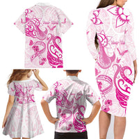 Personalised Breast Cancer Awareness Family Matching Long Sleeve Bodycon Dress and Hawaiian Shirt Ribbon Polynesian Pattern White Version LT05 - Polynesian Pride