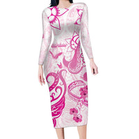 Personalised Breast Cancer Awareness Family Matching Long Sleeve Bodycon Dress and Hawaiian Shirt Ribbon Polynesian Pattern White Version LT05 Mom's Dress White - Polynesian Pride