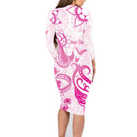 Personalised Breast Cancer Awareness Family Matching Long Sleeve Bodycon Dress and Hawaiian Shirt Ribbon Polynesian Pattern White Version LT05 - Polynesian Pride