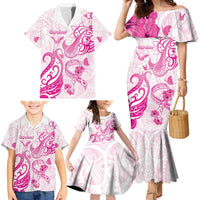 Personalised Breast Cancer Awareness Family Matching Mermaid Dress and Hawaiian Shirt Ribbon Polynesian Pattern White Version LT05 - Polynesian Pride