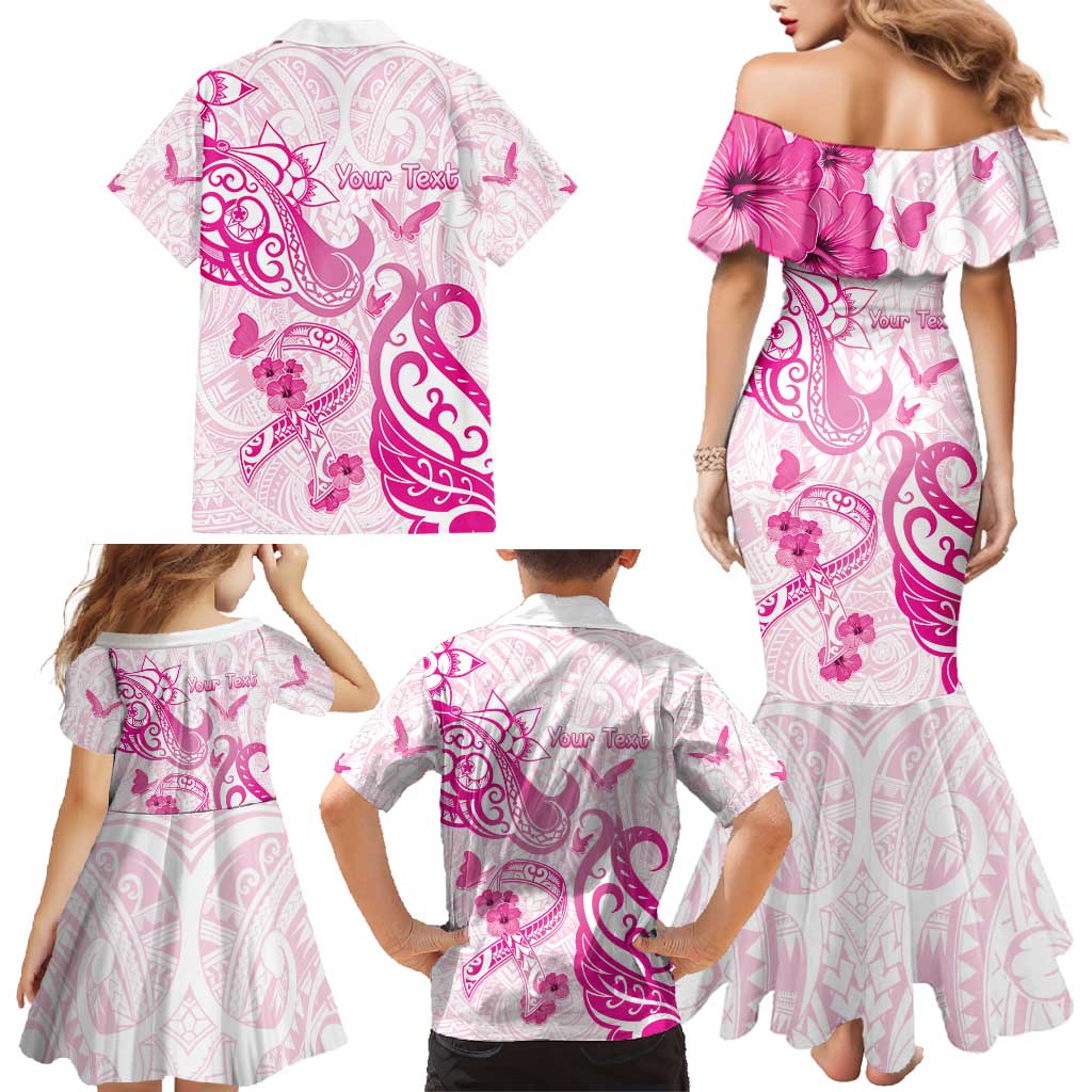 Personalised Breast Cancer Awareness Family Matching Mermaid Dress and Hawaiian Shirt Ribbon Polynesian Pattern White Version LT05 - Polynesian Pride