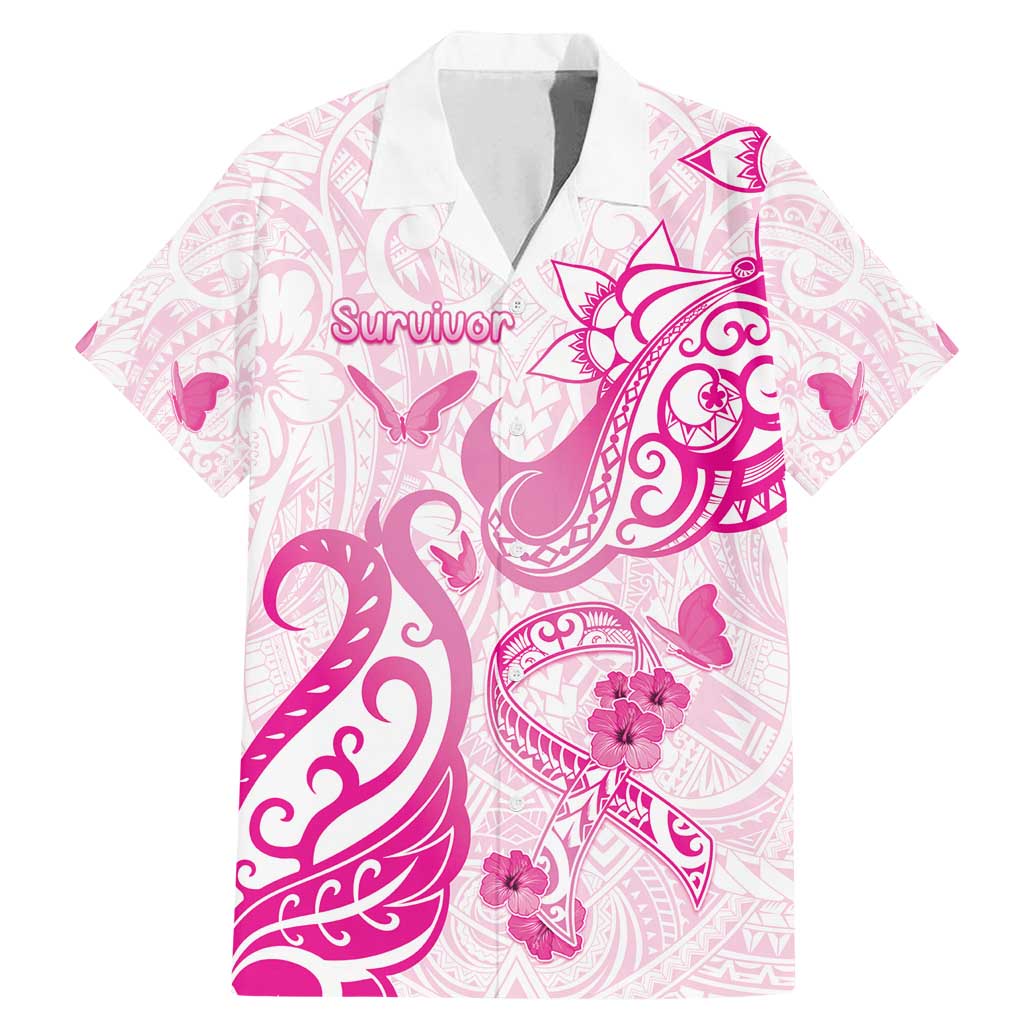 Personalised Breast Cancer Awareness Family Matching Mermaid Dress and Hawaiian Shirt Ribbon Polynesian Pattern White Version LT05 Dad's Shirt - Short Sleeve White - Polynesian Pride