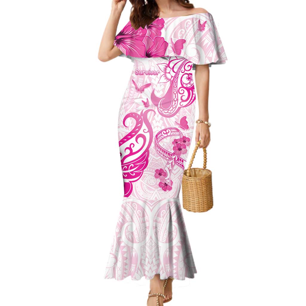 Personalised Breast Cancer Awareness Family Matching Mermaid Dress and Hawaiian Shirt Ribbon Polynesian Pattern White Version LT05 Mom's Dress White - Polynesian Pride