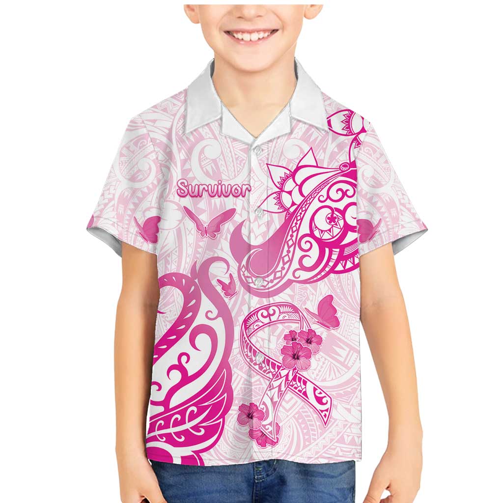 Personalised Breast Cancer Awareness Family Matching Mermaid Dress and Hawaiian Shirt Ribbon Polynesian Pattern White Version LT05 Son's Shirt White - Polynesian Pride