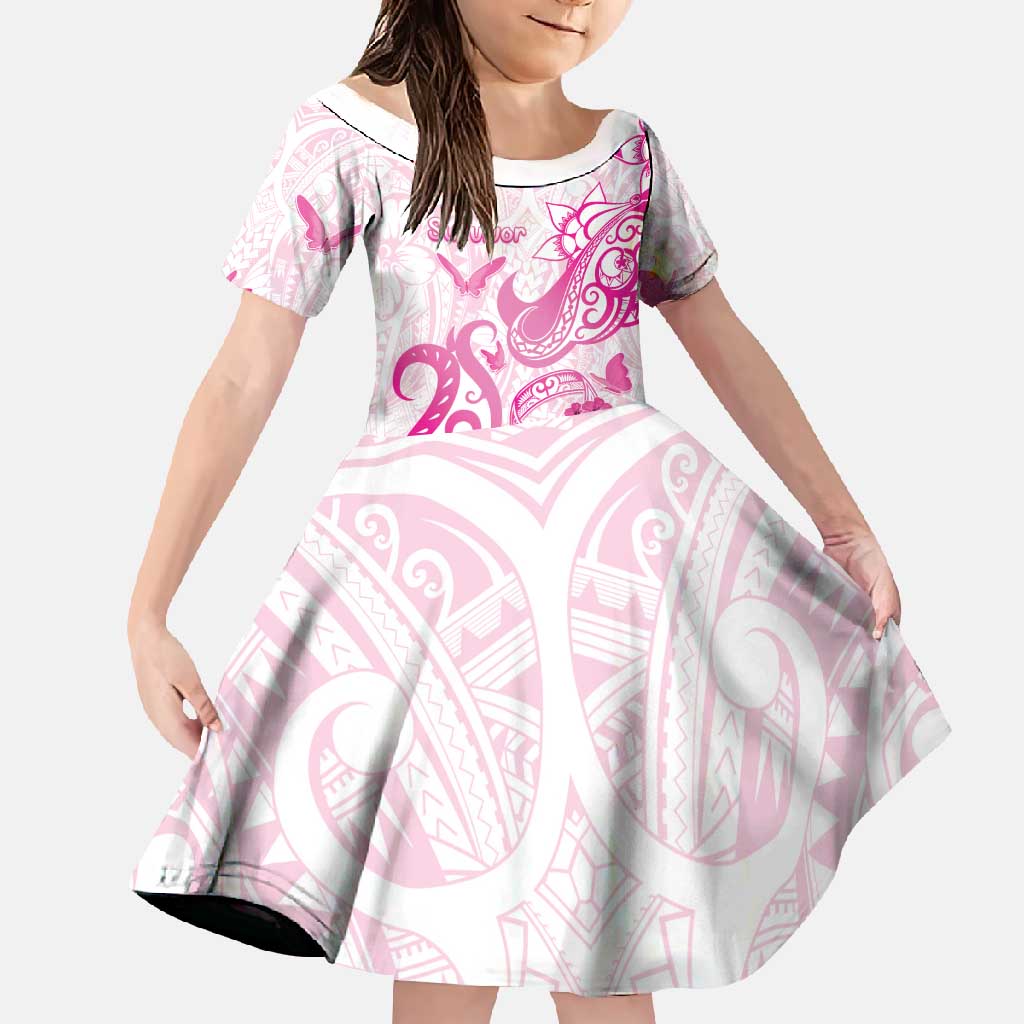 Personalised Breast Cancer Awareness Family Matching Off Shoulder Maxi Dress and Hawaiian Shirt Ribbon Polynesian Pattern White Version LT05 Daughter's Dress White - Polynesian Pride