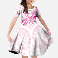 Personalised Breast Cancer Awareness Family Matching Off Shoulder Maxi Dress and Hawaiian Shirt Ribbon Polynesian Pattern White Version LT05 Daughter's Dress White - Polynesian Pride